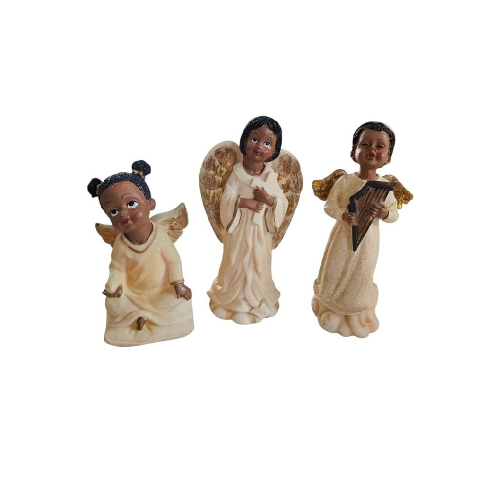 Vintage Set of 3 Cream and Gold Angel Figurines Up To 6 1/2" Tall - Picture 5 of 13